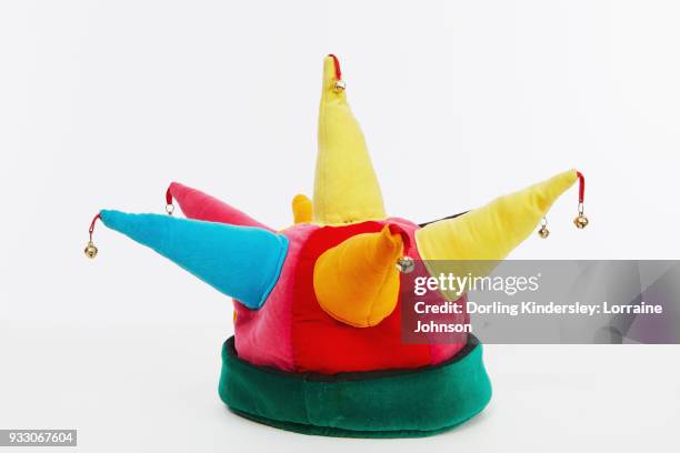 court jester hat with bells - jesters hat stock pictures, royalty-free photos & images