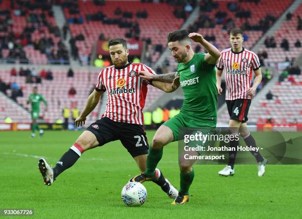 Sunderland's Adam Matthews tackles Preston's Sean Maguire during the Sky Bet Championship match between Sunderland and Preston North End at Stadium...