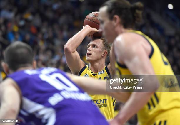 Luke Sikma of Alba Berlin during the Basketball Bundesliga game between Alba Berlin and BG Goettingen at Mercedes-Benz Arena on March 17, 2018 in...