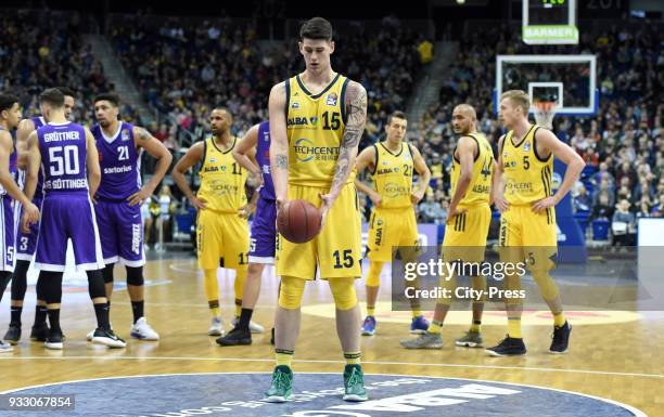 Bogdan Radosavljevic of Alba Berlin during the Basketball Bundesliga game between Alba Berlin and BG Goettingen at Mercedes-Benz Arena on March 17,...