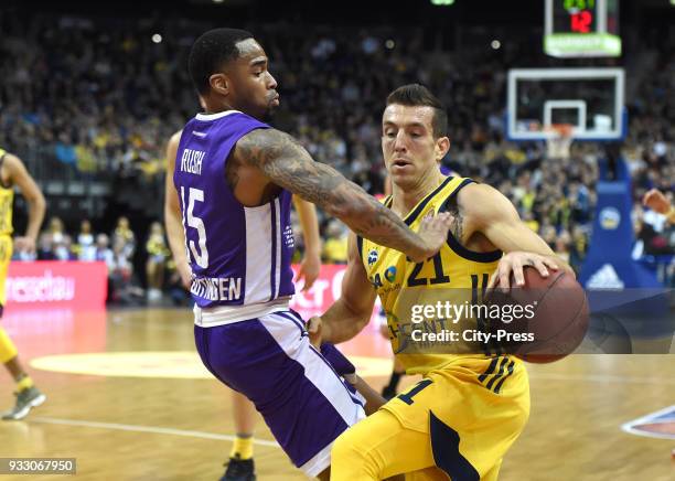 Brion Rush of BG Goettingen and Spencer Butterfield of Alba Berlin during the Basketball Bundesliga game between Alba Berlin and BG Goettingen at...