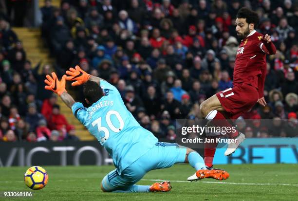 Mohamed Salah of Liverpool scores his side's second goal past Costel Pantilimon of Watford during the Premier League match between Liverpool and...