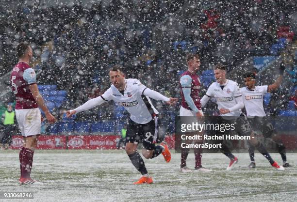 Bolton Wanderers Adam Le Fondre celebrates scoring his side's first goal during the Sky Bet Championship match between Bolton Wanderers and Aston...