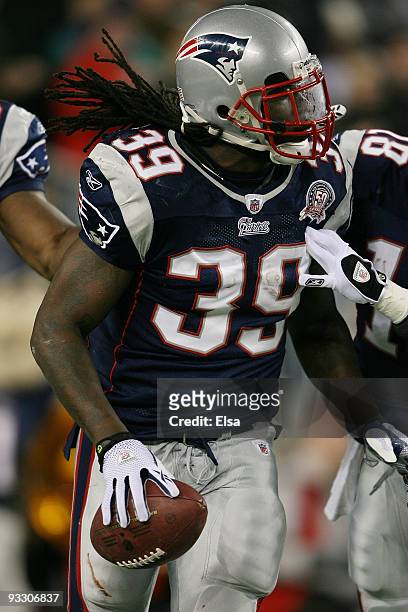 Laurence Maroney of the New England Patriots celebrates his touchdown in the second quarter against the New York Jets on November 22, 2009 at...