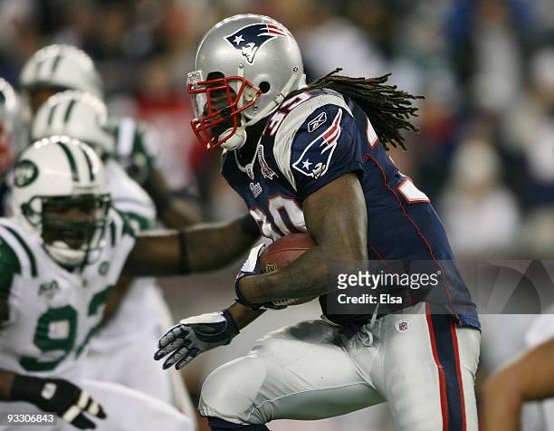 Laurence Maroney of the New England Patriots carries the ball in for a touchdown in the second quarter against the New York Jets on November 22, 2009...