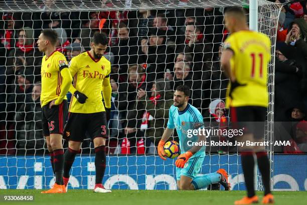 Orestis Karnezis of Watford dejected after conceding the second goal during the Premier League match between Liverpool and Watford at Anfield on...