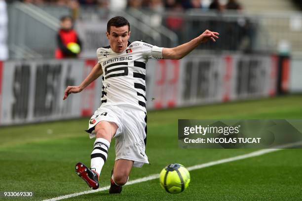Rennes' French defender Romain Danze controls the ball during the French L1 football match between Bordeaux and Rennes on March 17 at the Matmut...