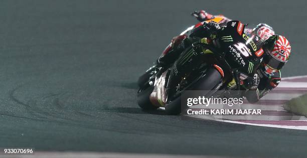 Movistar Yamaha's Italian driver Valentino Rossi competes during the MOTO GP qualifiers at the Losail International Circuit in Doha on March 17,...