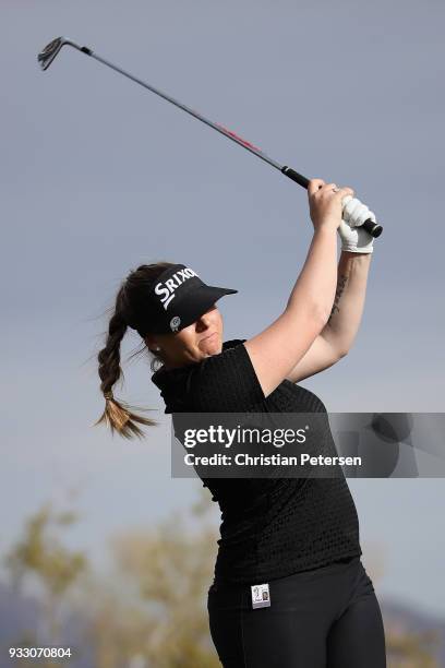 Kassidy Teare plays a tee shot on the 17th hole during the second round of the Bank Of Hope Founders Cup at Wildfire Golf Club on March 16, 2018 in...