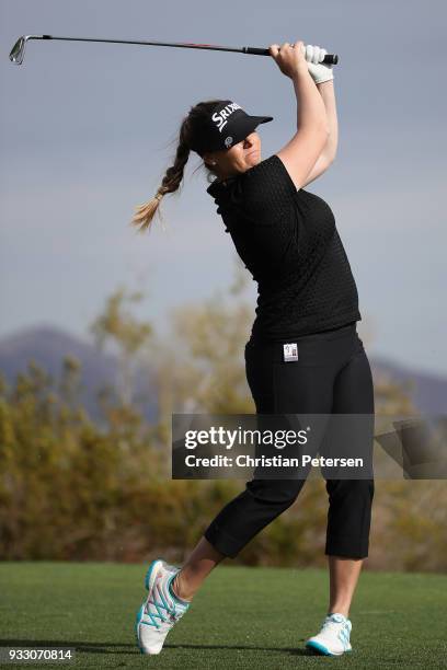 Kassidy Teare plays a tee shot on the 17th hole during the second round of the Bank Of Hope Founders Cup at Wildfire Golf Club on March 16, 2018 in...