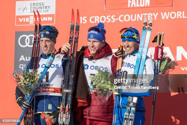 Calle Halfvarsson of Sweden, Alexander Bolshunov of Russia, Francesco De Fabiani of Italy after 15 km Men Mass Start Classic at Lugnet Stadium on...