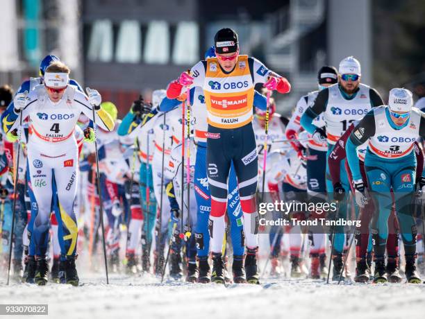 Johannes Hoesflot Klaebo of Norway during 15 km Men Mass Start Classic at Lugnet Stadium on March 17, 2018 in Falun, Sweden.