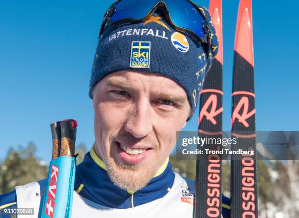 Calle Halfvarsson of Sweden after 15 km Men Mass Start Classic at Lugnet Stadium on March 17, 2018 in Falun, Sweden.