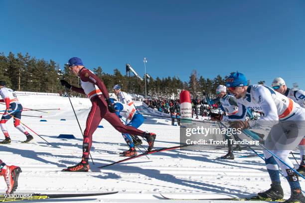 Alexander Bolshunov of Russia during 15 km Men Mass Start Classic at Lugnet Stadium on March 17, 2018 in Falun, Sweden.