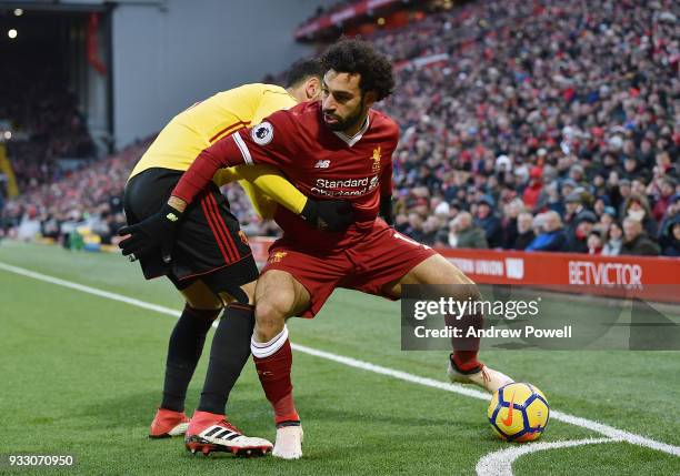 MOhamed Salah of Liverpool during the Premier League match between Liverpool and Watford at Anfield on March 17, 2018 in Liverpool, England.