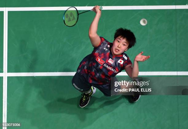 Japan's Akane Yamaguchi takes on India's Pusarla V.Sindhu during their women's singles semi-final match All England Open Badminton Championships in...