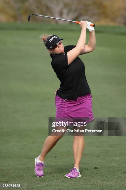 Jackie Stoelting plays her second shot on the 16th hole during the second round of the Bank Of Hope Founders Cup at Wildfire Golf Club on March 16,...