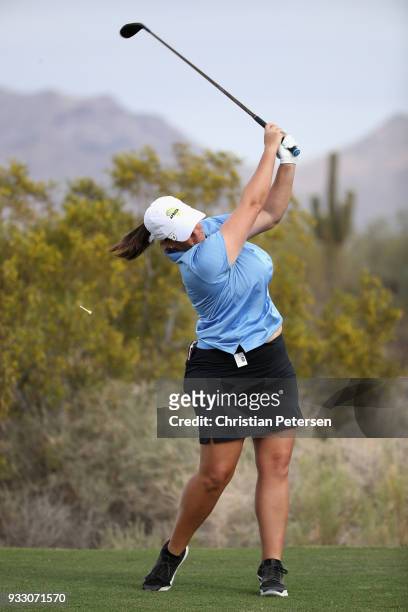 Kendall Dye plays a tee shot on the 16th hole during the second round of the Bank Of Hope Founders Cup at Wildfire Golf Club on March 16, 2018 in...