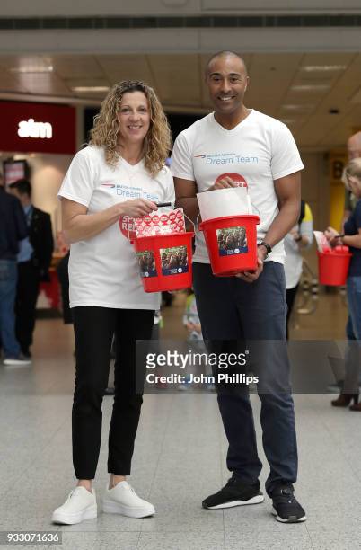 British athletes Sally Gunnell and Colin Jackson help to raise money for Sport Relief at at Gatwick Airport on March 16, 2018 in London, England. The...