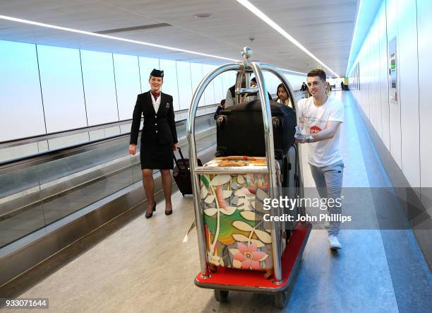 Max Whitlock helps British Airways customers at Gatwick Airport by becoming a baggage porter for the morning, to raise money for Sport Relief on...