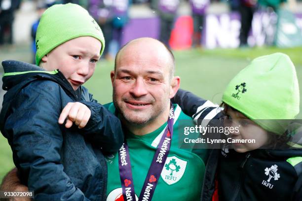 Rory Best of Ireland with his children after the Six Nations Championship between England and Ireland at Twickenham Stadium on March 17, 2018 in...