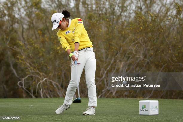 Mi Hyang Lee of South Korea plays a tee shot on the 18th hole during the second round of the Bank Of Hope Founders Cup at Wildfire Golf Club on March...