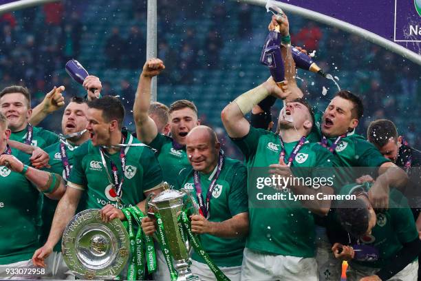 Rory Best of Ireland celebrates with The Six Nations Trophy after the Six Nations Championship between England and Ireland at Twickenham Stadium on...