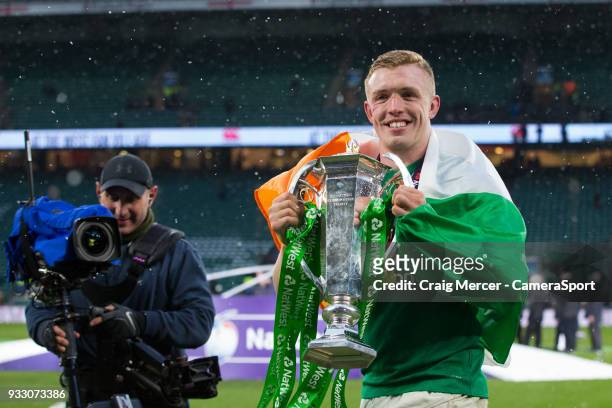 Dan Leavy of Ireland poses with the Six Nations trophy after the NatWest Six Nations Championship match between England and Ireland at Twickenham...