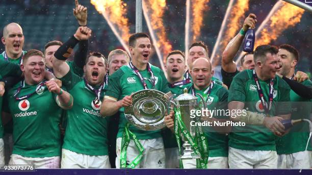 Ireland's Jonathan Sexton and Ireland's Rory Best with Trophy during NatWest 6 Nations match between England against Ireland at Twickenham stadium,...