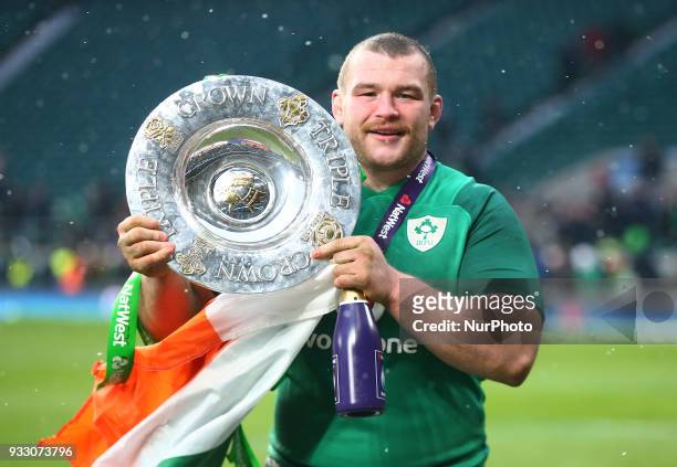 Ireland's Jack McGrath with Trophy during NatWest 6 Nations match between England against Ireland at Twickenham stadium, London, on 17 Mar 2018