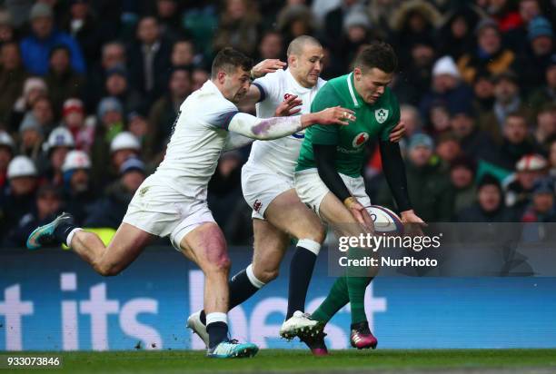 Jonny May of England, Mike Brown of England can't stop Ireland's Jacob Stockdale to go over during NatWest 6 Nations match between England against...