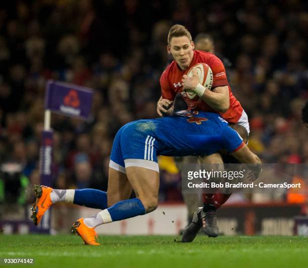 Wales' Liam Williamsis tackled by France's Gael Fickou during the NatWest Six Nations Championship match between Wales and France at Principality...