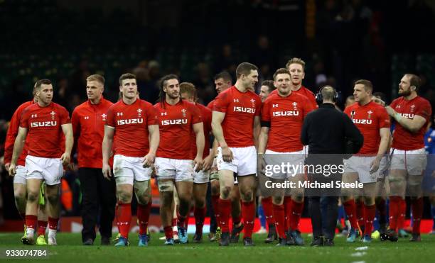 George North of Wales and Dan Biggar of Wales speak after the NatWest Six Nations match between Wales and France at Principality Stadium on March 17,...