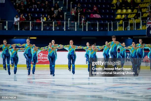 Team Jeanne d'Arc Junior of France compete in the Free Skating during the World Junior Synchronized Skating Championships at Dom Sportova on March...