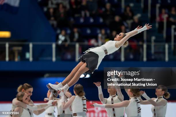 Team Dream Edges Junior of Finland compete in the Free Skating during the World Junior Synchronized Skating Championships at Dom Sportova on March...