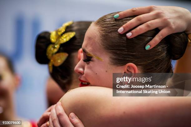 Team Junost Junior of Russia react after the Free Skating during the World Junior Synchronized Skating Championships at Dom Sportova on March 17,...