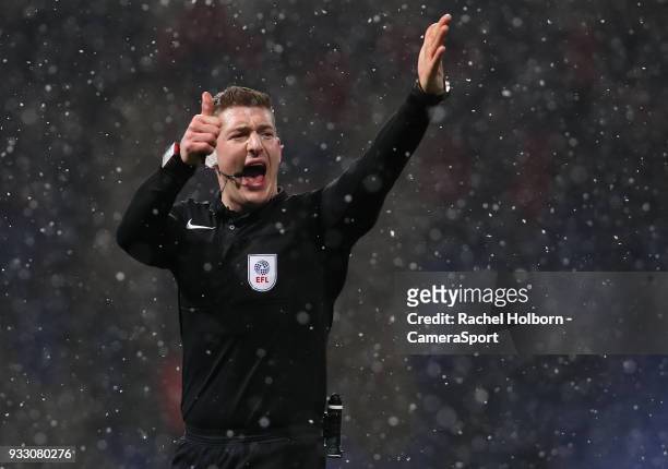 Match referee Robert Jones during the Sky Bet Championship match between Bolton Wanderers and Aston Villa at Macron Stadium on March 17, 2018 in...
