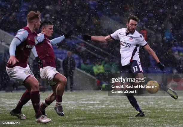 Bolton Wanderers' Will Buckley has a shot at goal during the Sky Bet Championship match between Bolton Wanderers and Aston Villa at Macron Stadium on...