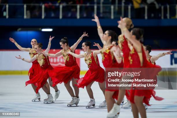 Team Junost Junior of Russia compete in the Free Skating during the World Junior Synchronized Skating Championships at Dom Sportova on March 17, 2018...