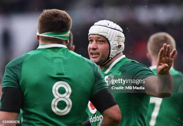 Ireland's Rory Best talks to CJ Stander during the NatWest Six Nations Championship match between England and Ireland at Twickenham Stadium on March...