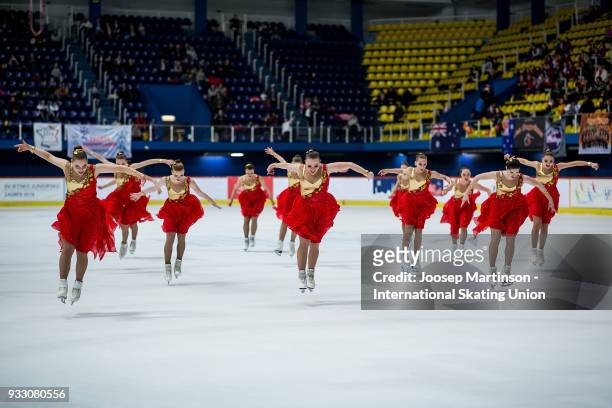 Team Junost Junior of Russia compete in the Free Skating during the World Junior Synchronized Skating Championships at Dom Sportova on March 17, 2018...