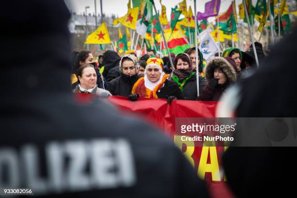 More than ten thousand people demonstrated in Hannover, Germany, on 17 March 2017 against the turkish military offensive in north syria . During the...