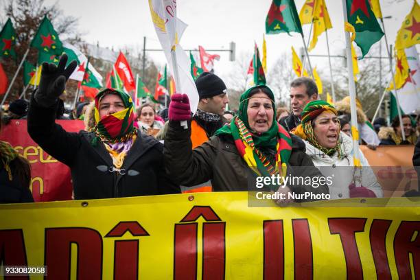 More than ten thousand people demonstrated in Hannover, Germany, on 17 March 2017 against the turkish military offensive in north syria . During the...