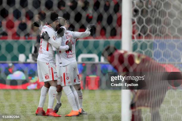 Players of FC Spartak Moscow celebrate during the Russian Premier League match between FC Rubin Kazan and FC Spartak Moscow at Kazan Arena stadium on...