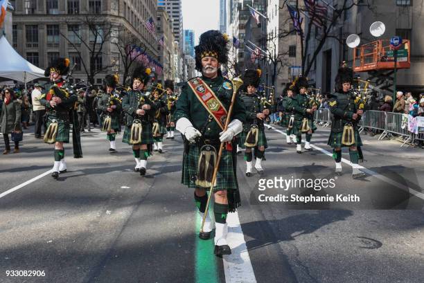 Marching band participates in the annual St. Patrick's Day parade along 5th Ave. On March 17, 2018 in New York City. New York's Saint Patrick's Day...