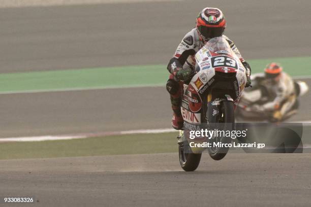 Niccolo Antonelli of Italy and Sic 58 Squadra Corse Honda lifts the front wheel during the MotoGP of Qatar - Qualifying at Losail Circuit on March...