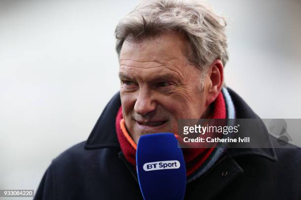 Glenn Hoddle reporting for BT Sport before The Emirates FA Cup Quarter Final match between Swansea City and Tottenham Hotspur at Liberty Stadium on...