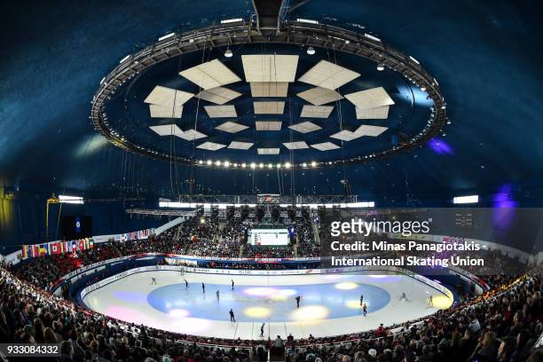 General view during the men's 500 meter quarterfinals in the World Short Track Speed Skating Championships at Maurice Richard Arena on March 17, 2018...