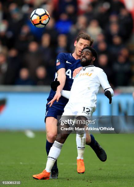 Nathan Dyer of Swansea City in action with Jan Vertonghen of Tottenham Hotspur during the Emirates FA Cup Quarter Final match between Swansea City...