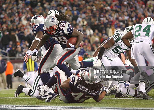 Laurence Maroney of the New England Patriots scores a touchdown in the fourth quarter during a game against the New York Jets at Gillette Stadium on...